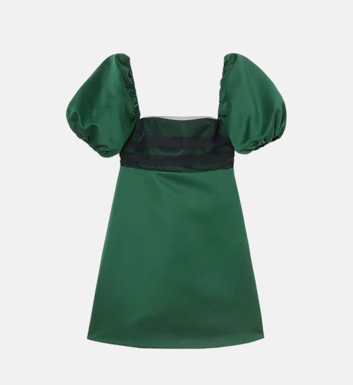 Green-with-navy Puffy Sleeves Dress