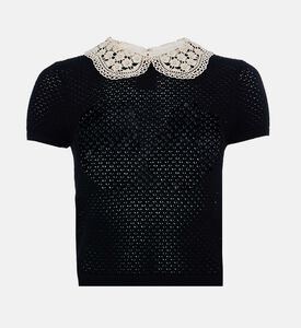 Lace Collar Open-knit Short-sleeve Top