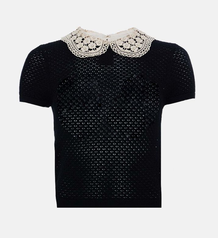 Lace Collar Open-knit Short-sleeve Top
