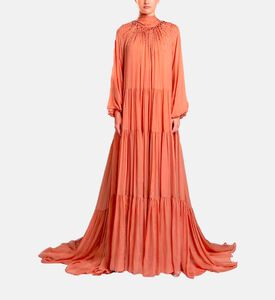 Michael Cinco Long-sleeve High Neck Flared Dress, Light-brown, Model View