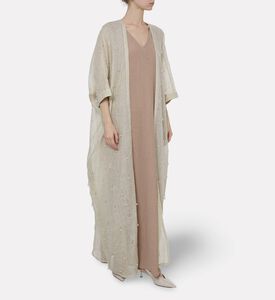 By Febe Sheer Linen Pearl Embellishment Abaya, Model View