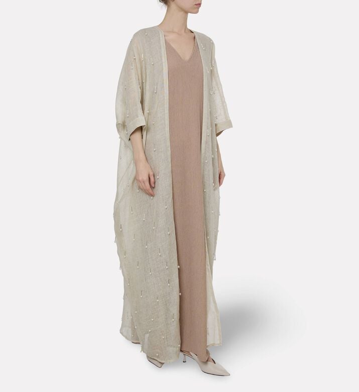 By Febe Sheer Linen Pearl Embellishment Abaya, Model View