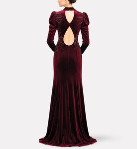 Michael Cinco Velvet Embellished High-neck Evening Dress, Model View