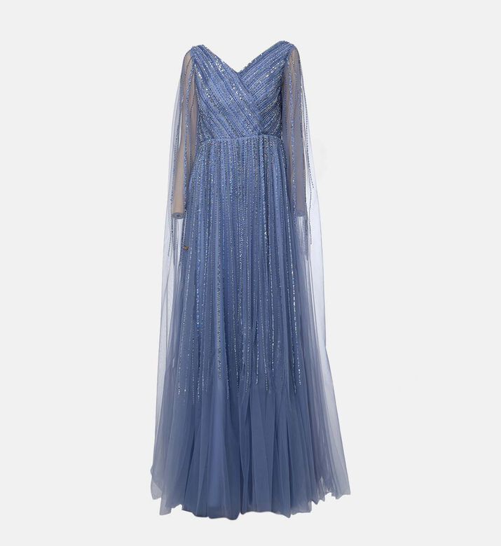 Rhinestones Cape Sleeves Flared Maxi Dress