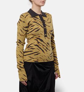 Ganni Logo-engraved Buttons Tiger-stripe Polo Shirt, Model View