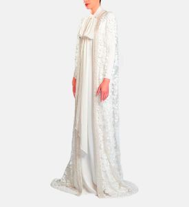 Michael Cinco Floral-embroidery Cape Flared Dress, White, Xl, Model View