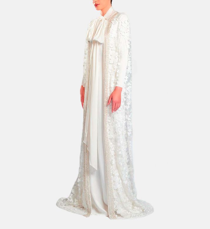 Michael Cinco Floral-embroidery Cape Flared Dress, White, Xl, Model View