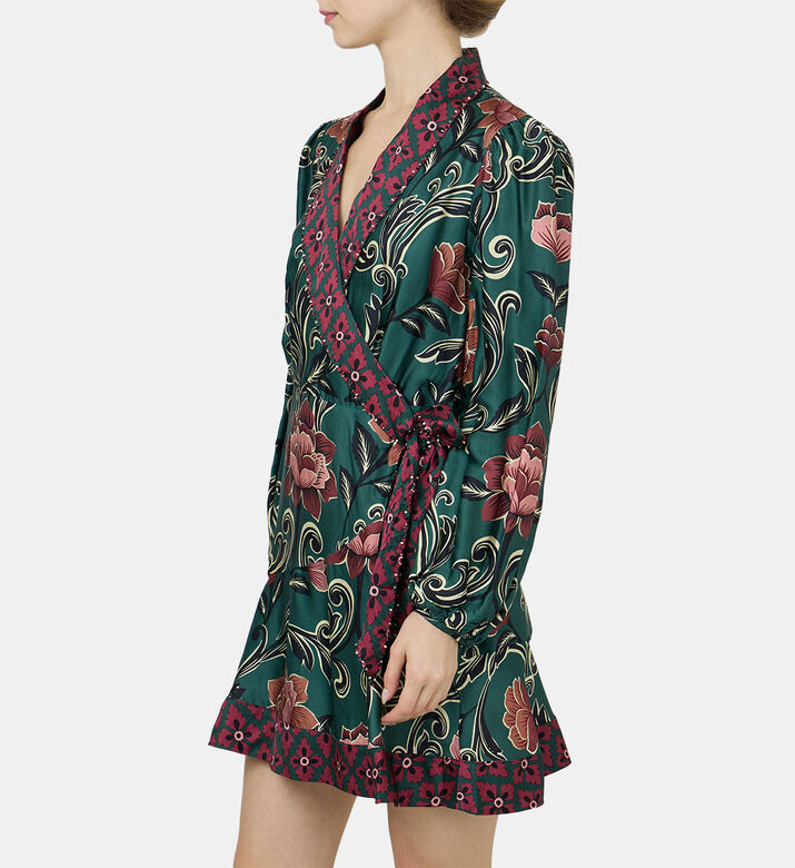 فستان أرابيسك قصير بأكمام طويلة مزين بأزهار