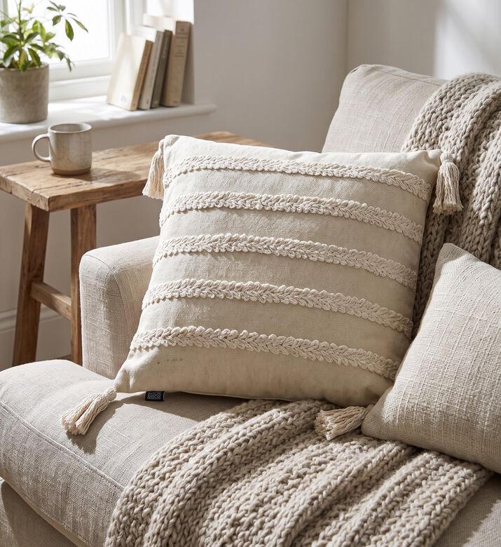 Home Deco and More Emily Cotton Yarn Applique Cushion, Packshot View
