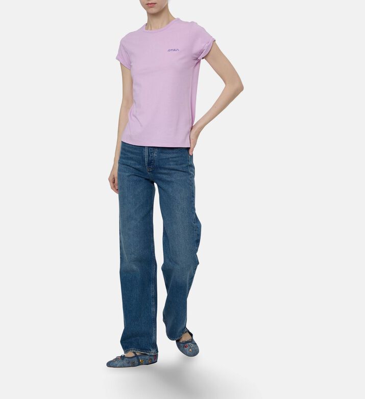 Maison Labiche Amour-embroidery Cuffed-sleeve T-shirt, Purple, M, Model View