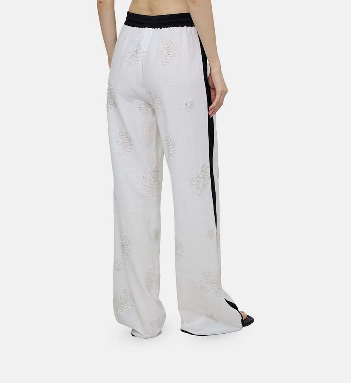 Linen Embroidered Satin Details Trousers