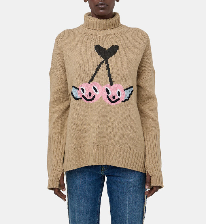 Knit Cherry-embroidery Turtle Neck Sweater