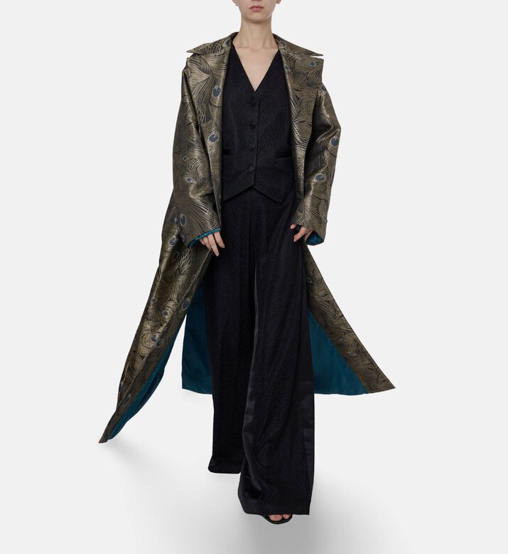 BARG Gold Peacock-motif Brocade Open-front Abaya, Model View