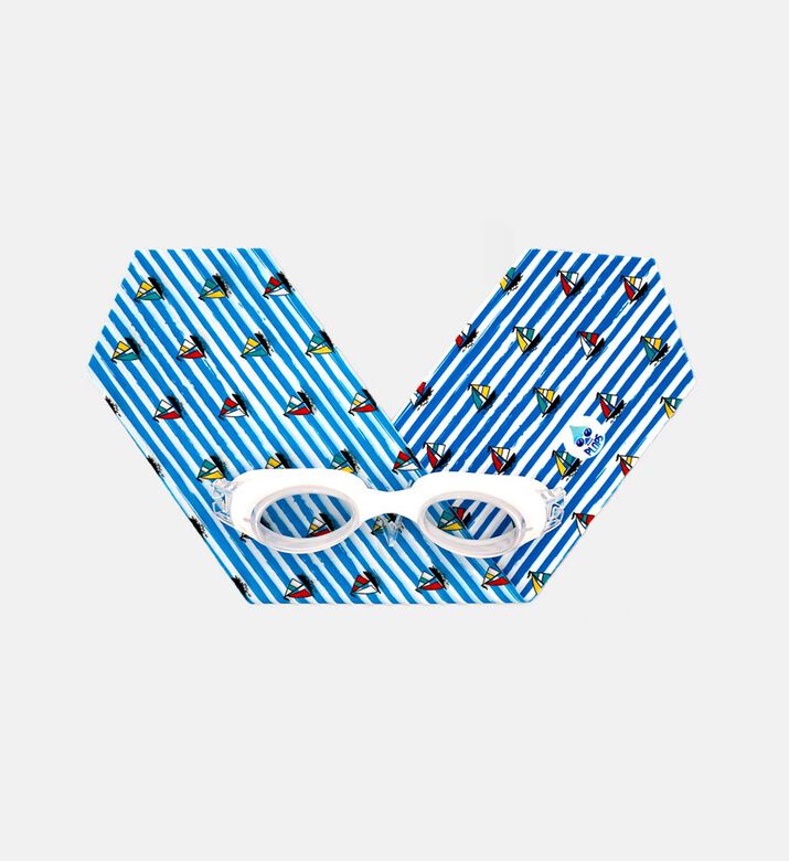 نظارة سباحة زرقاء للأطفال بشريط فائق النعومة مزينة بقوارب مخططة