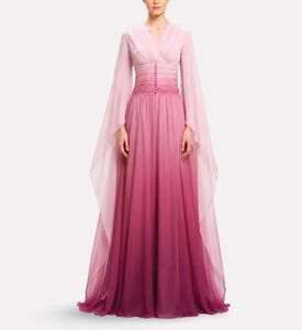 Michael Cinco Chiffon Draped V-neck Evening Dress, Model View