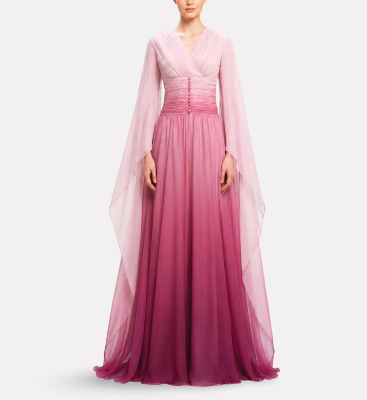 Michael Cinco Chiffon Draped V-neck Evening Dress, Model View