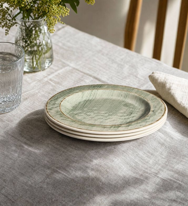 Home Deco and More Misty Melamine Dinner Plate 4-piece Set, Model View