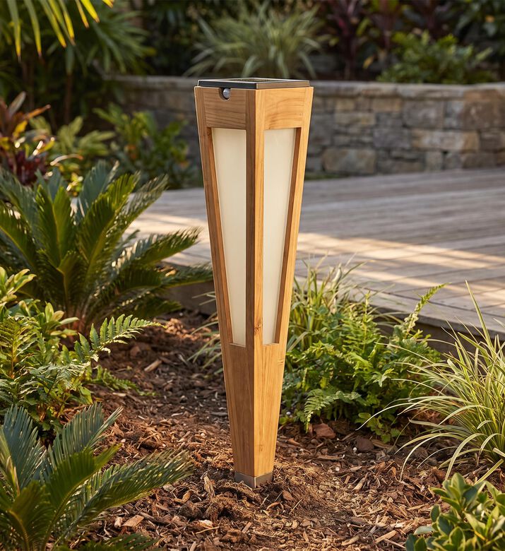 Les Jardins Lanai Teak Wood Torch Solar Lantern, Packshot View