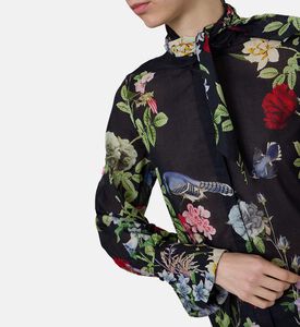 Floral Bird-print Tie-neck Blouse