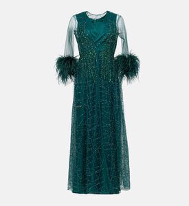 فستان بأكمام طويلة مزين بريش