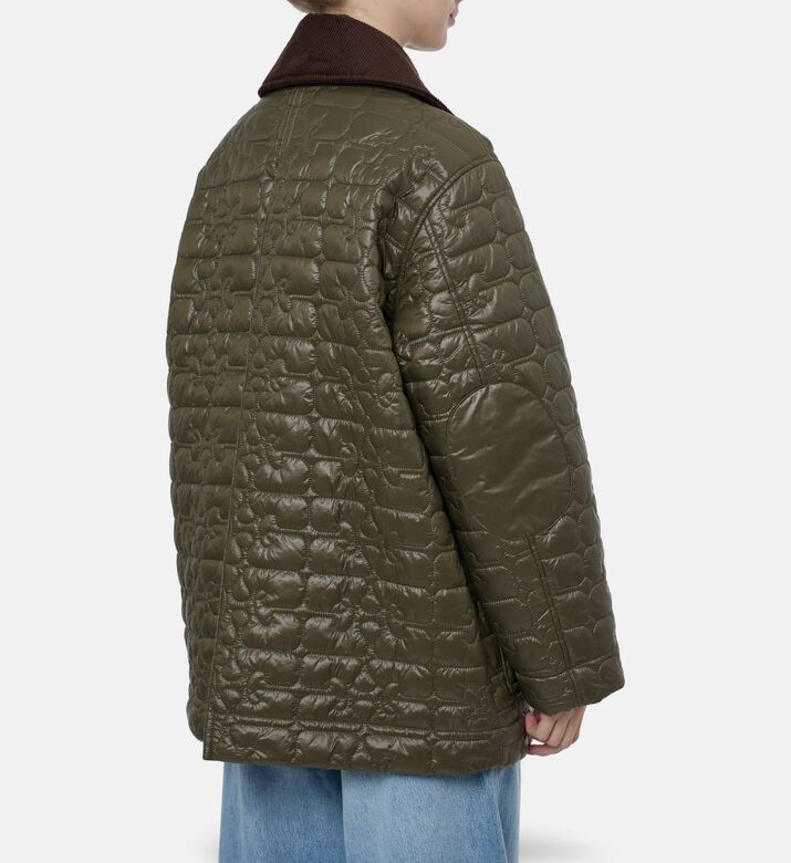 Ganni Contrast Collar Floral-quilted Jacket, Olive, L-xl, Model View