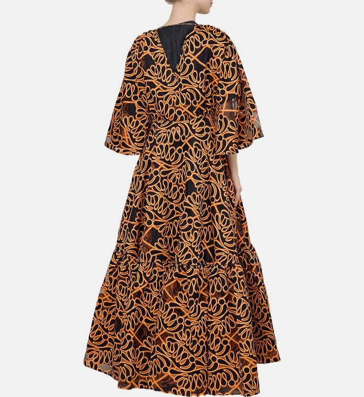 فستان متوسط الطول واسع بياقة في بطبعة تجريدية