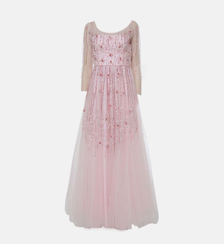 Beaded Sheer Sleeves Cloche Maxi Dress