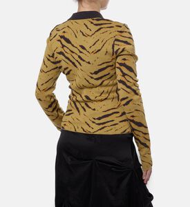 Ganni Logo-engraved Buttons Tiger-stripe Polo Shirt, Model View