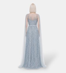 Suzy Matar Beaded Cape-sleeve Evening Gown, Blue, S, Model View