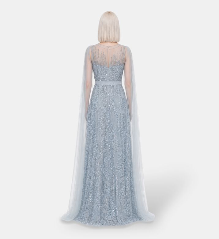 Suzy Matar Beaded Cape-sleeve Evening Gown, Blue, S, Model View