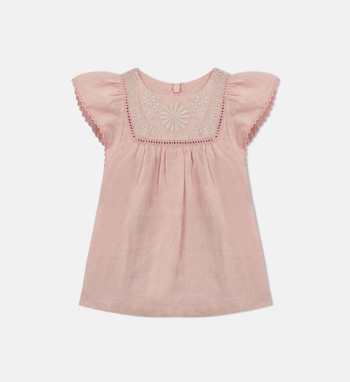 Embroidered Ruffle-sleeve Linen Dress