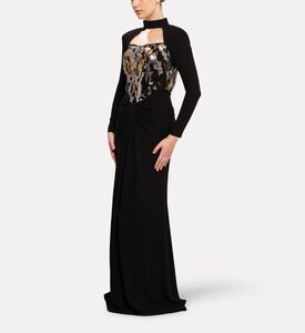 Michael Cinco Draped Bodice Cutout Long Evening Gown, Model View