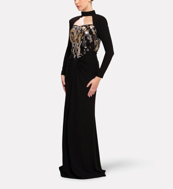 Michael Cinco Draped Bodice Cutout Long Evening Gown, Model View