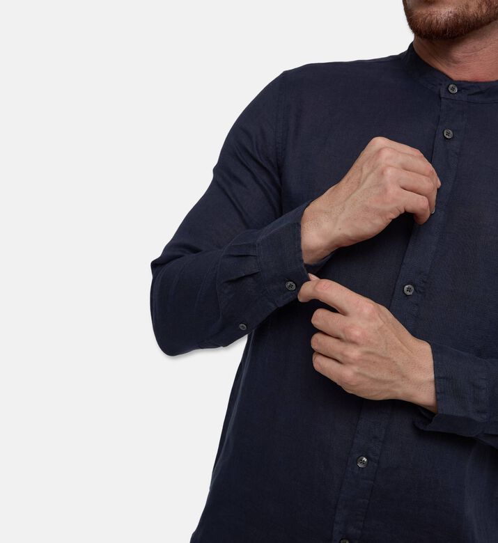 Galeries Lafayette Linen Button-down Stand Collar Shirt, Dark-blue, S, Model View