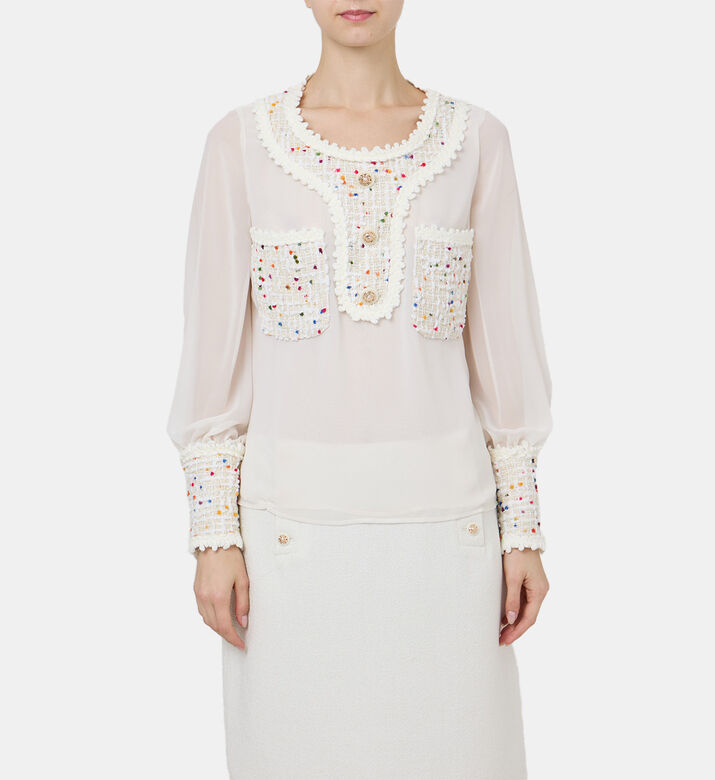 Tweed-trimmed Long-sleeve Blouse