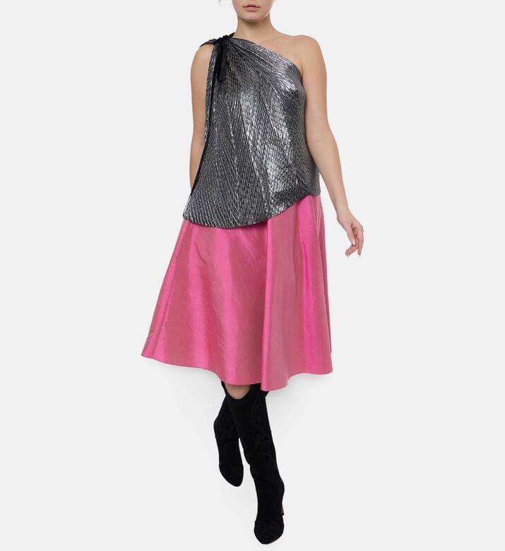 Blue For Burgundy Pleated Ribbon One-shoulder Top, Model View