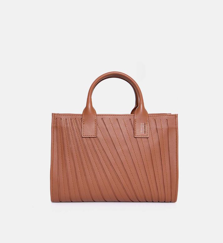 Camille Fournet Signature Calf Leather Pleated Midi Tote Bag, Brown, Packshot View
