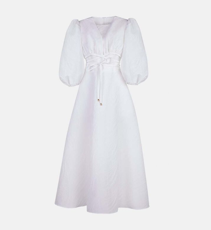 Textured Puff-sleeve Midi Dress