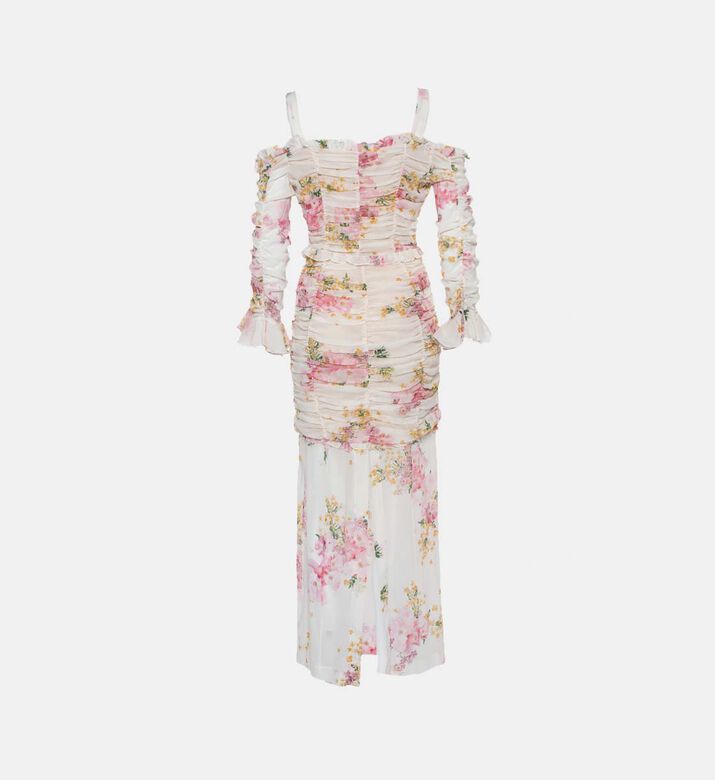 Alessandra Rich Floral Printed Silk Ruched Maxi Dress M Preowned