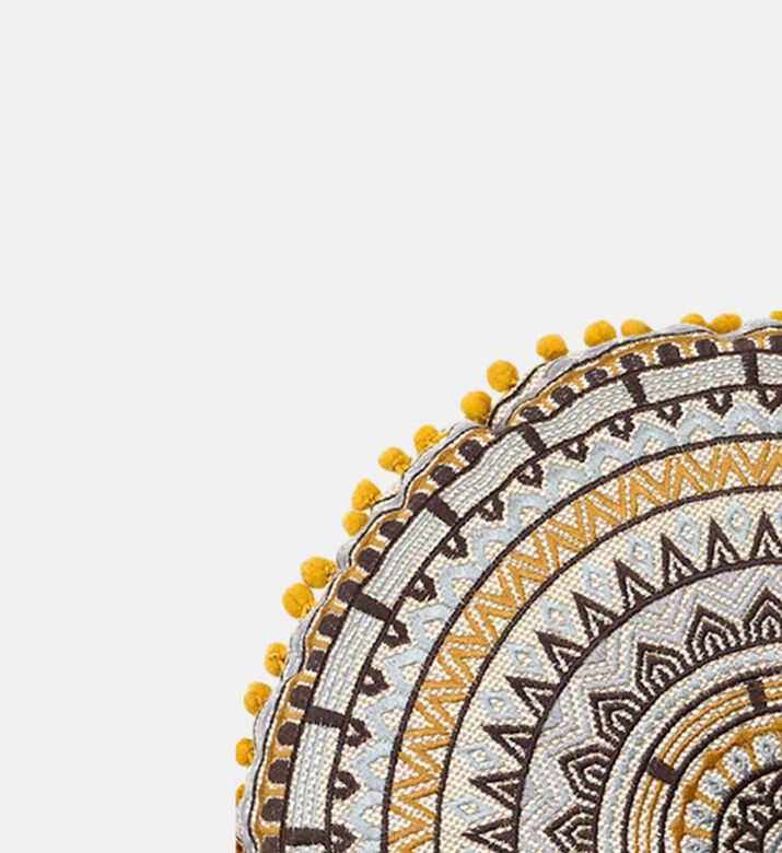 Home Deco and More Gaddi Embroidered Pompom Filled And Vaccumed Cushion, Mustard, 40x40-cm, Packshot View