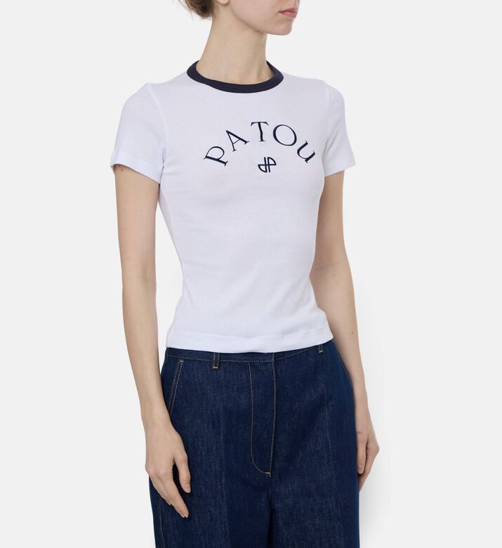 Patou Contrasting Collar Logo T-shirt, White, L, Model View