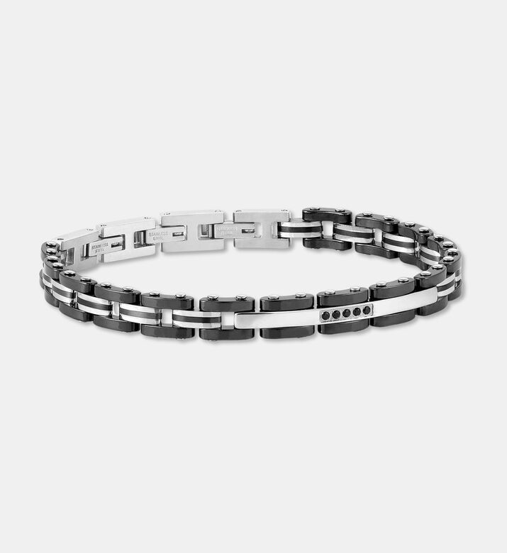 Nomination Black Striped Band Polished Bar Link Bracelet, Packshot View