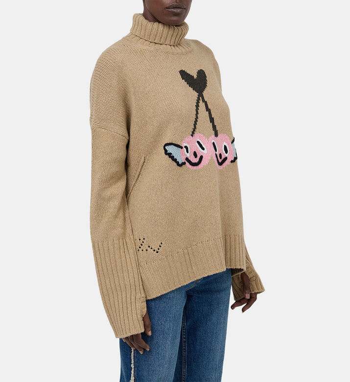 Knit Cherry-embroidery Turtle Neck Sweater