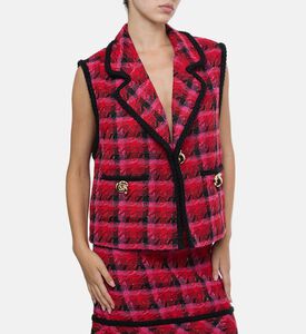 Edward Achour Paris Plaid Tweed Sleeveless Blazer, Model View Edward Achour Paris Plaid Tweed Sleeveless Blazer, Model View