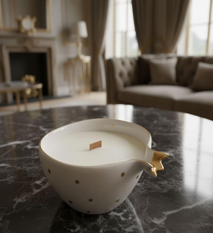 Tohfa Luxe Half Pomegranate Soy 22k Gold Plating Candle, Ivory, 300-ml, Packshot View