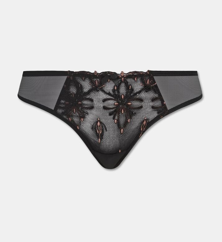 Chantelle Embroidered Tanga Thong, Black, Xs, Packshot View
