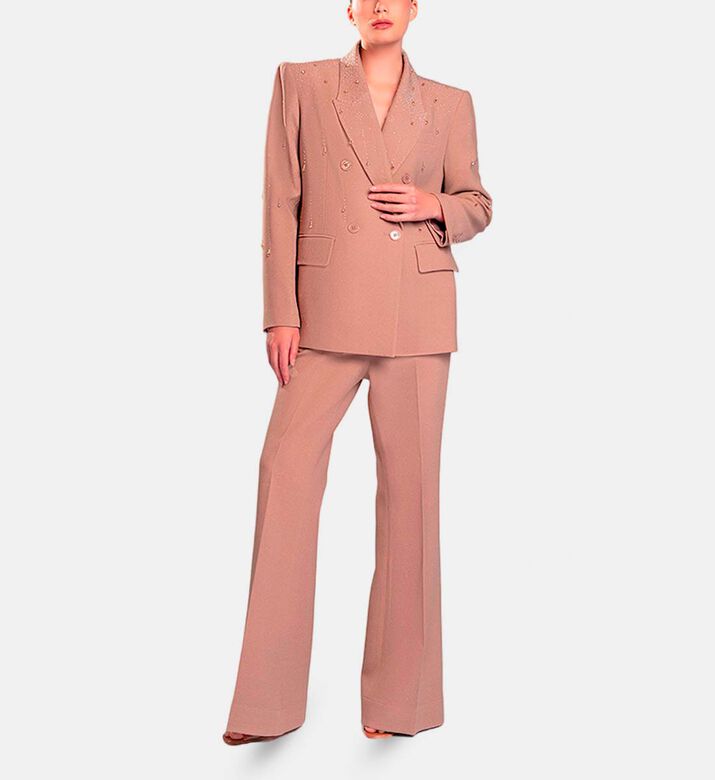 Michael Cinco Rhinestone-embellished Long-sleeve Blazer, Light-brown, M, Model View