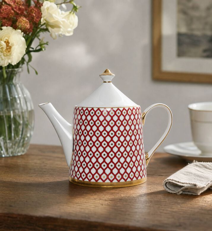 Imperial Gold-tone Handle Spout Red Lattice Teapot, Model View