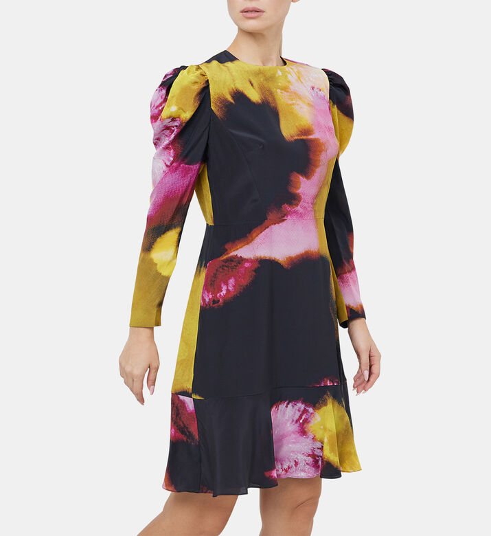 Chine Blur-print Long Puff-sleeve Mini Dress