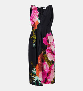 فستان ميدي بطبعة أزهار بطيات